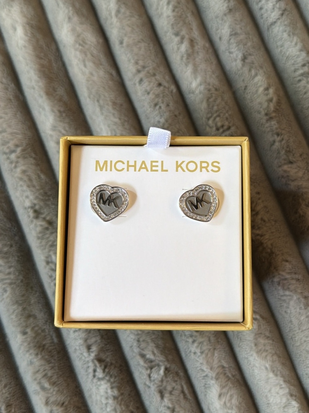 Michael Kors Silver Heart MK Logo Crystal Stud Earrings